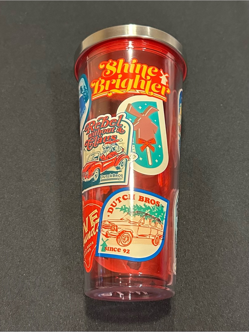 Dutch Bros Holiday Red Tumbler with Retro Sticker Graphics
